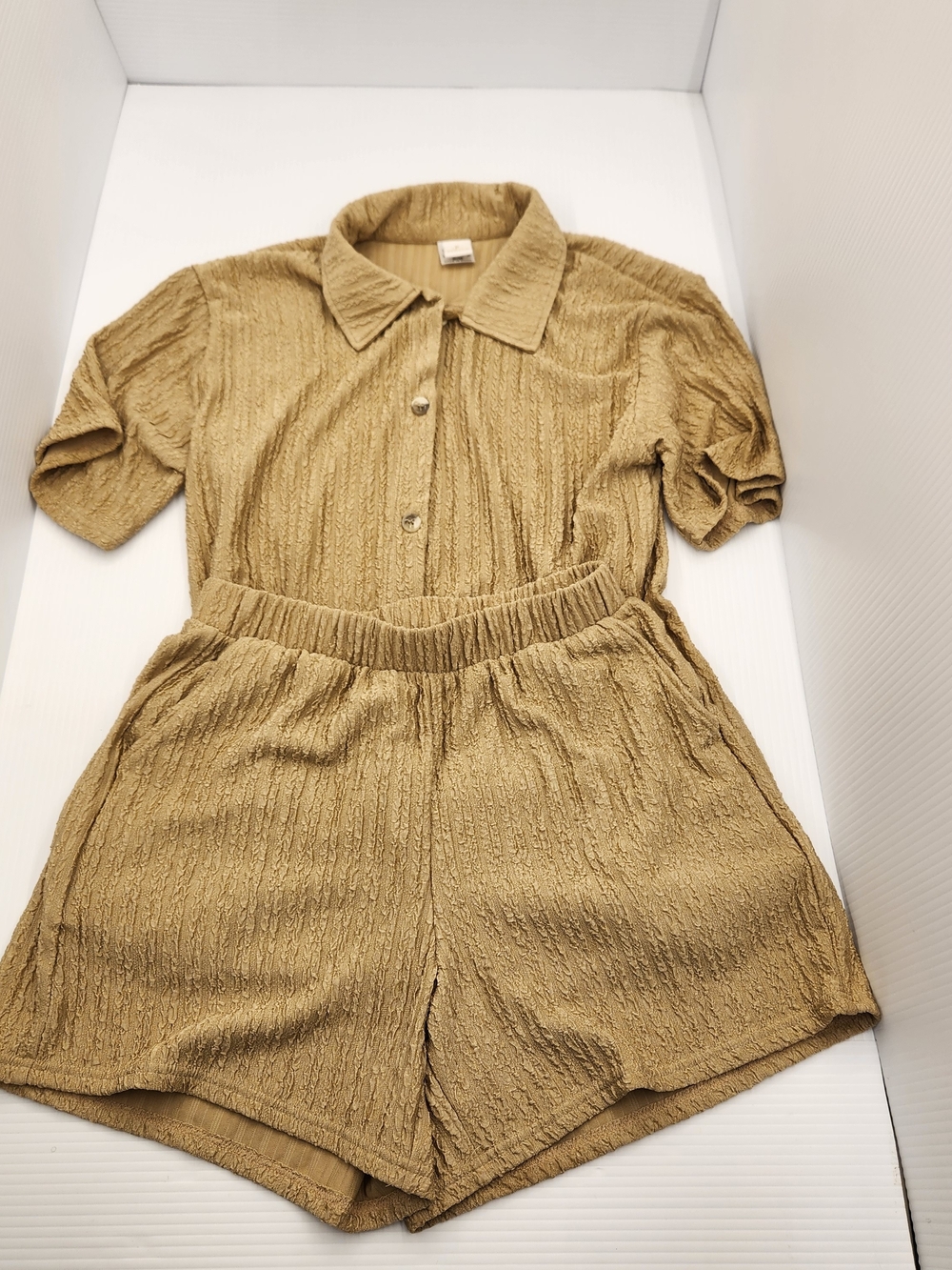 Textured Short Sleeve Romper in Tan